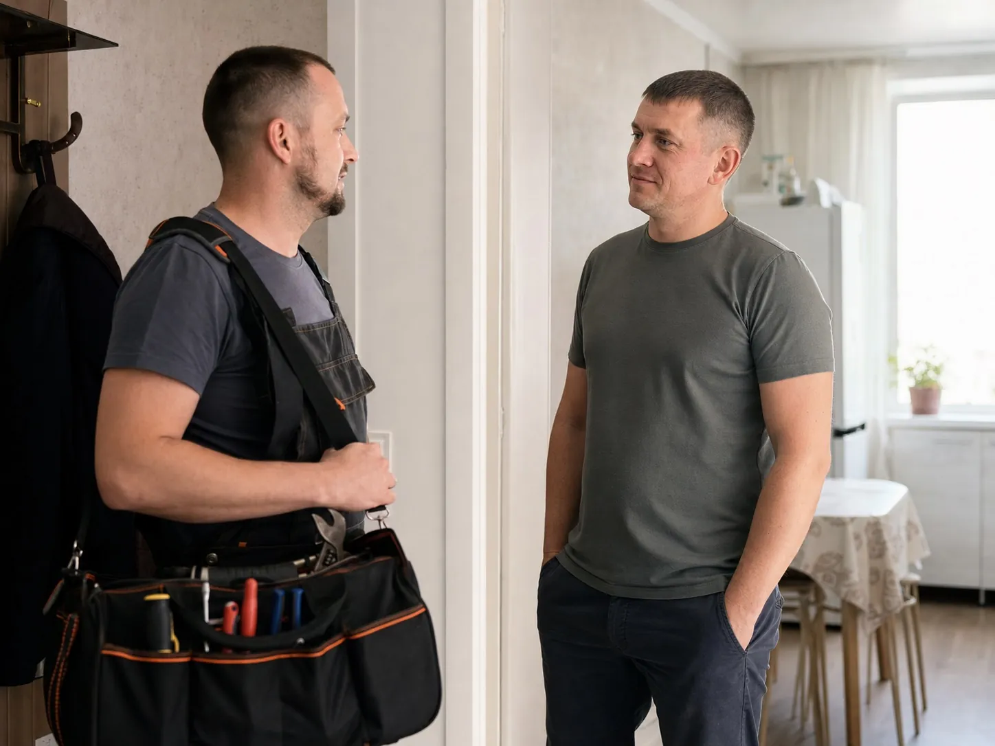 Мастер разговаривает с ветераном СВО в квартире перед бытовой работой