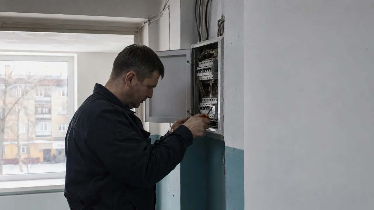 Электрик проверяет квартирный электрощит в обычной квартире